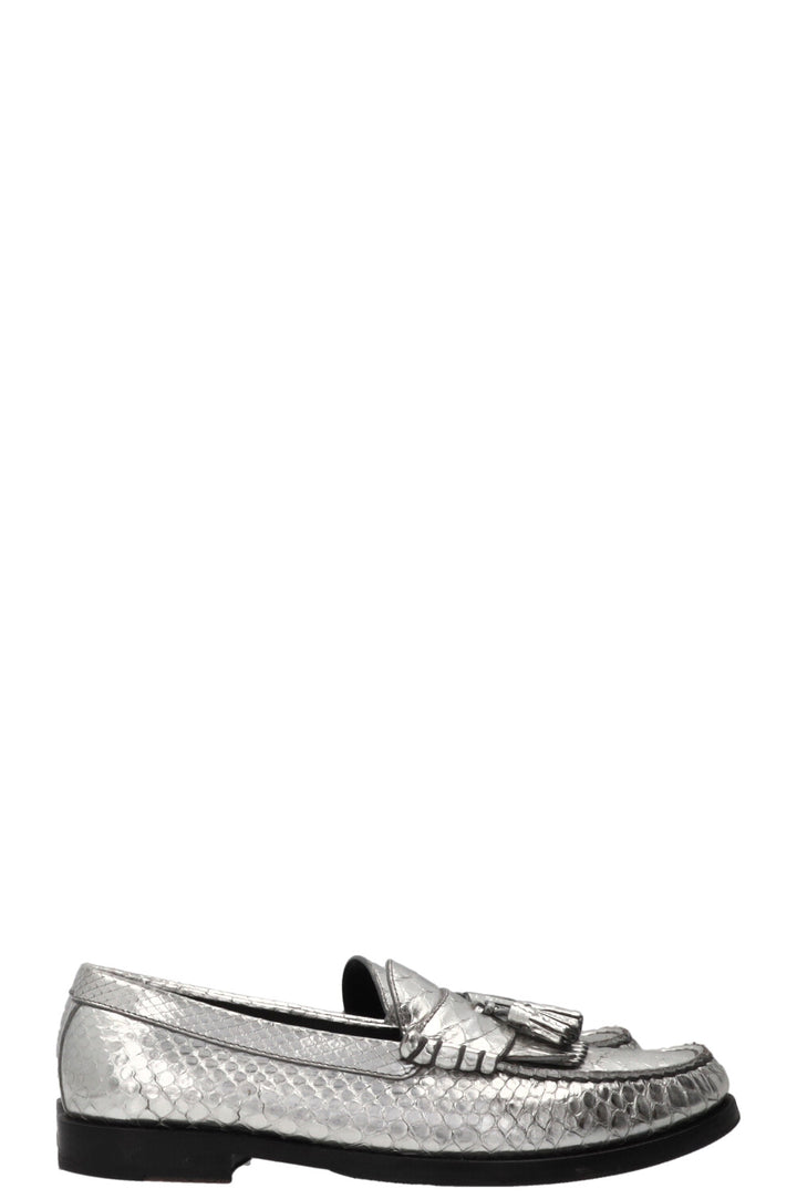 CELINE Tassel Loafers Embossed Leather Silver
