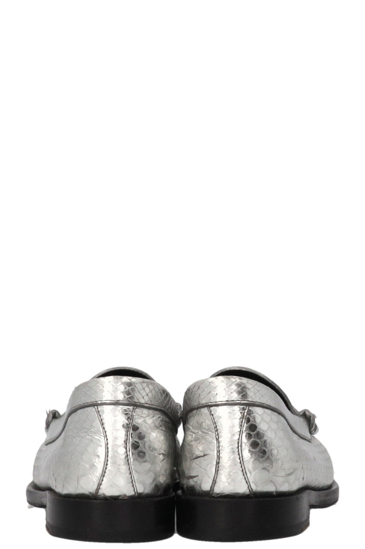 CELINE Tassel Loafers Embossed Leather Silver