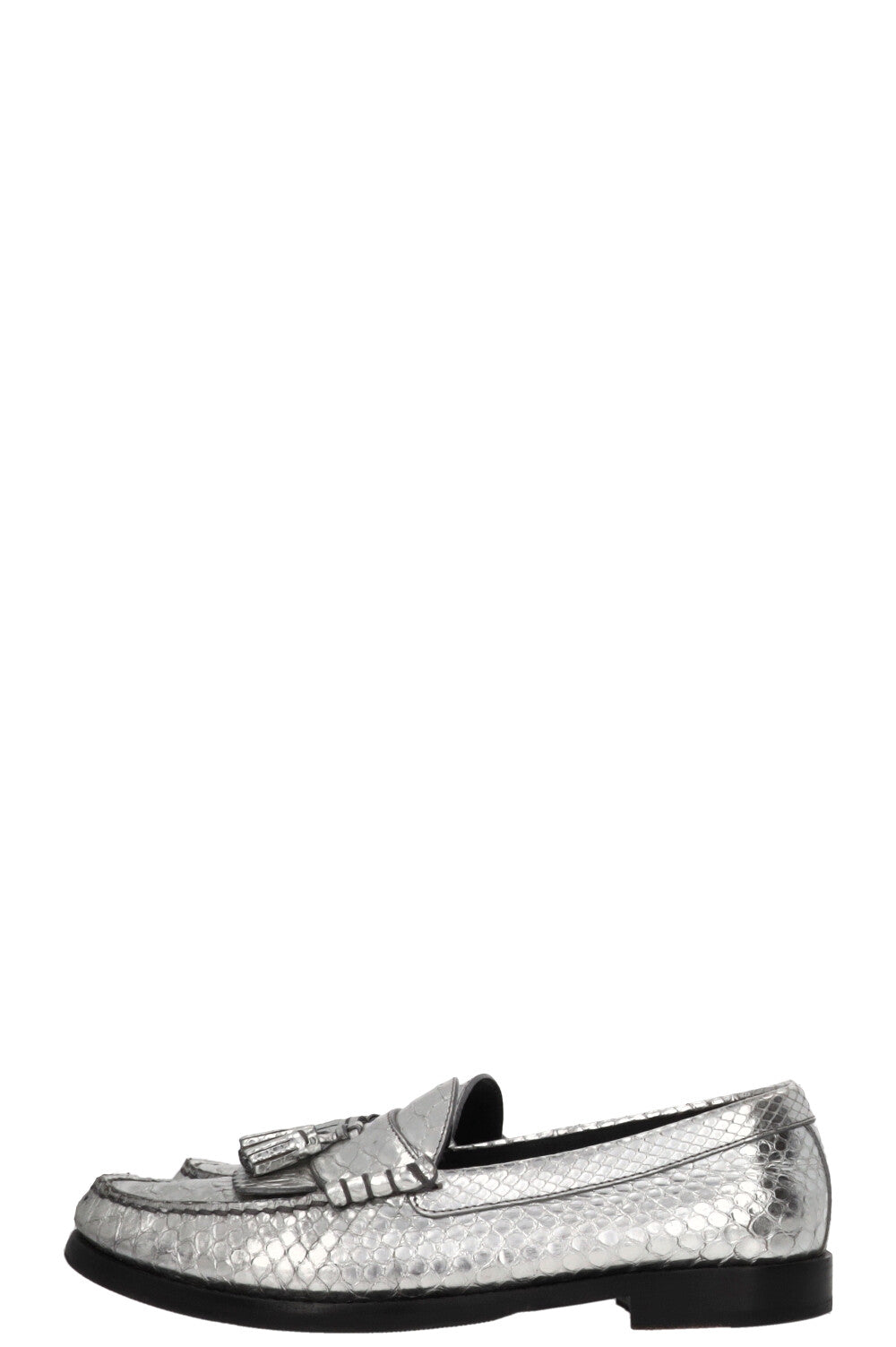 CELINE Tassel Loafers Embossed Leather Silver