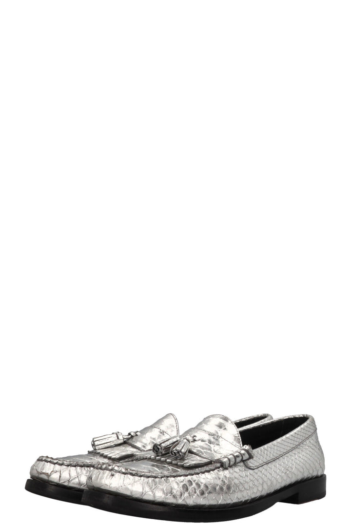 CELINE Tassel Loafers Embossed Leather Silver