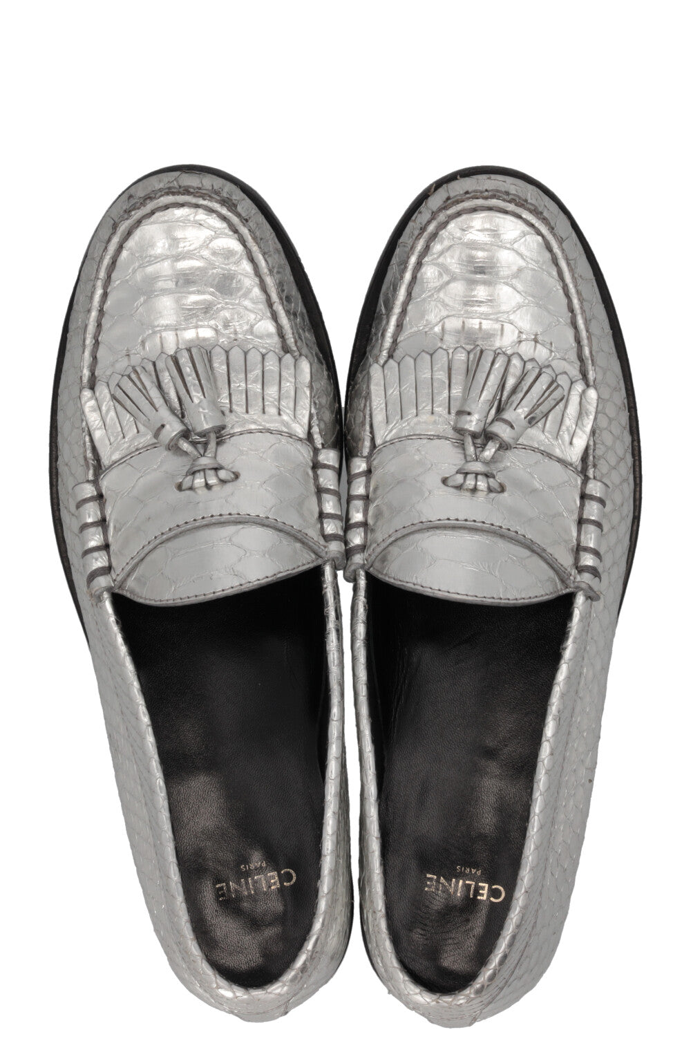 CELINE Tassel Loafers Embossed Leather Silver