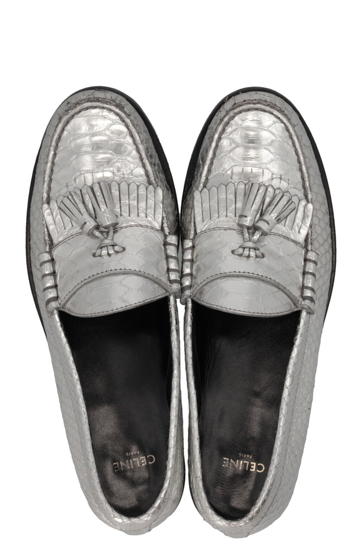 CELINE Tassel Loafers Embossed Leather Silver