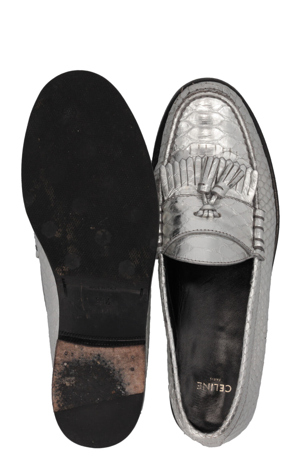 CELINE Tassel Loafers Embossed Leather Silver