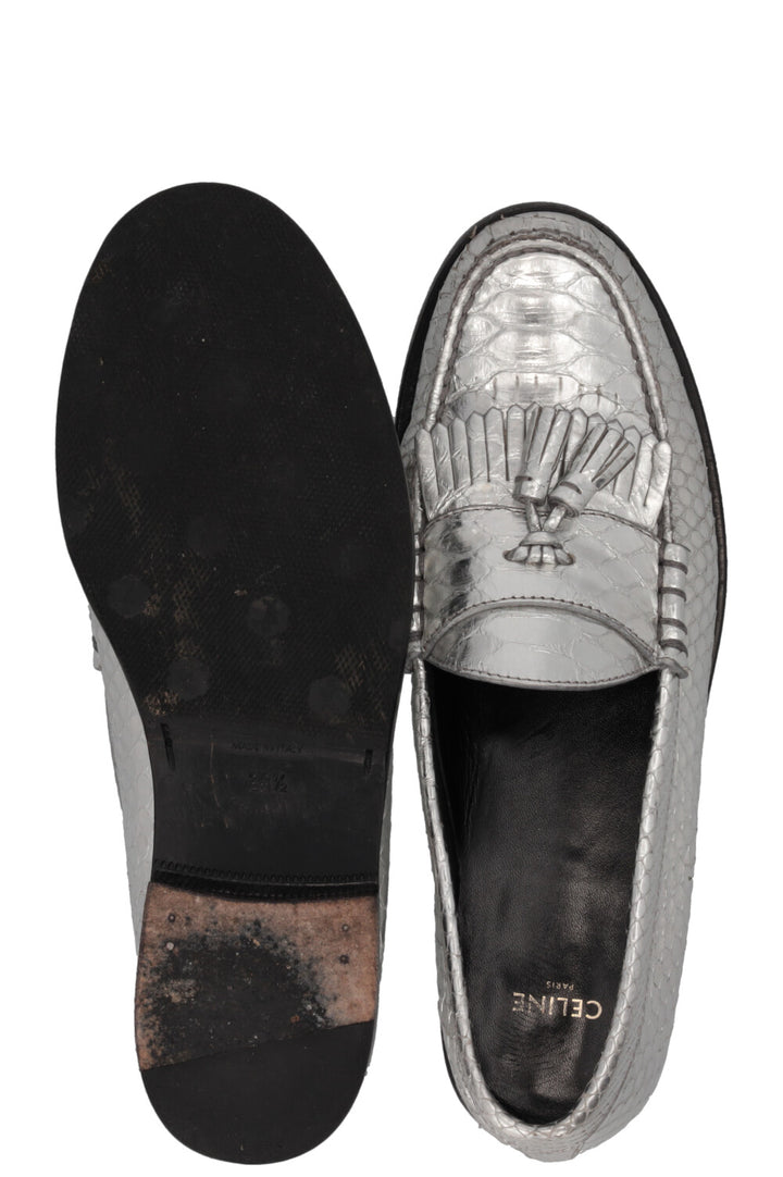 CELINE Tassel Loafers Embossed Leather Silver