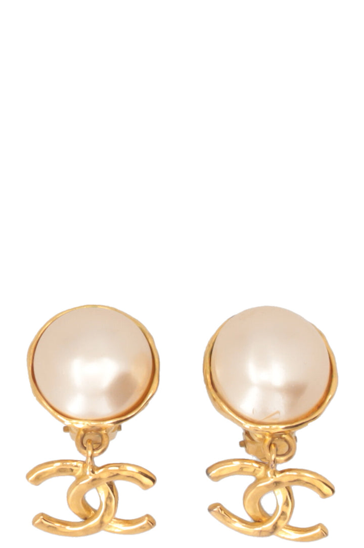 CHANEL 1990 Pearl CC Drop Ear Clips Gold