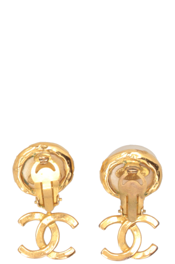 CHANEL 1990 Pearl CC Drop Ear Clips Gold