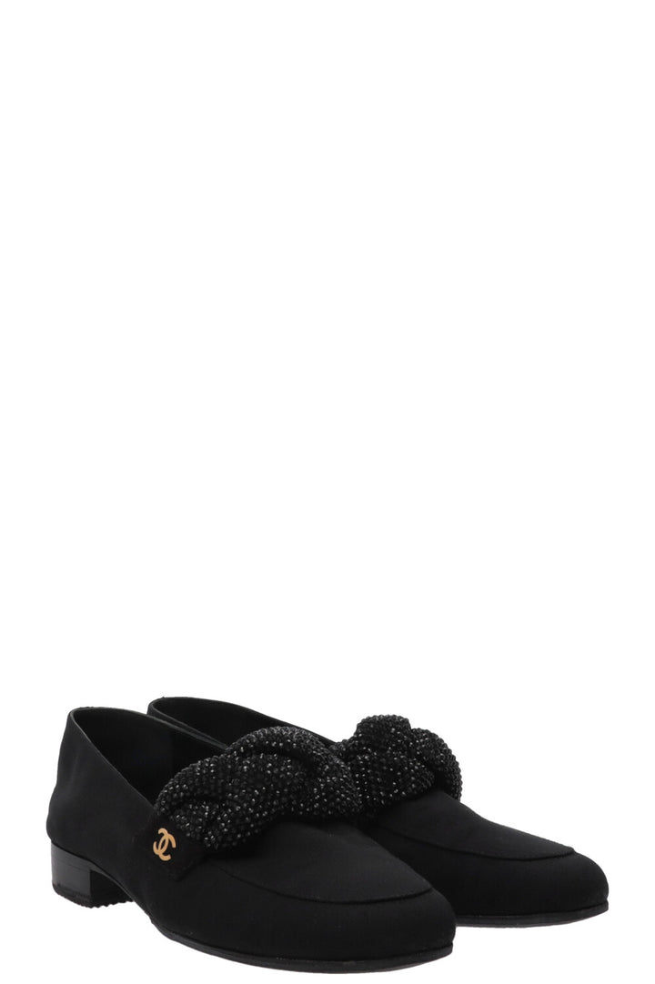 CHANEL Mocassins CC avec logo en cristal 2017 en gros-grain noir