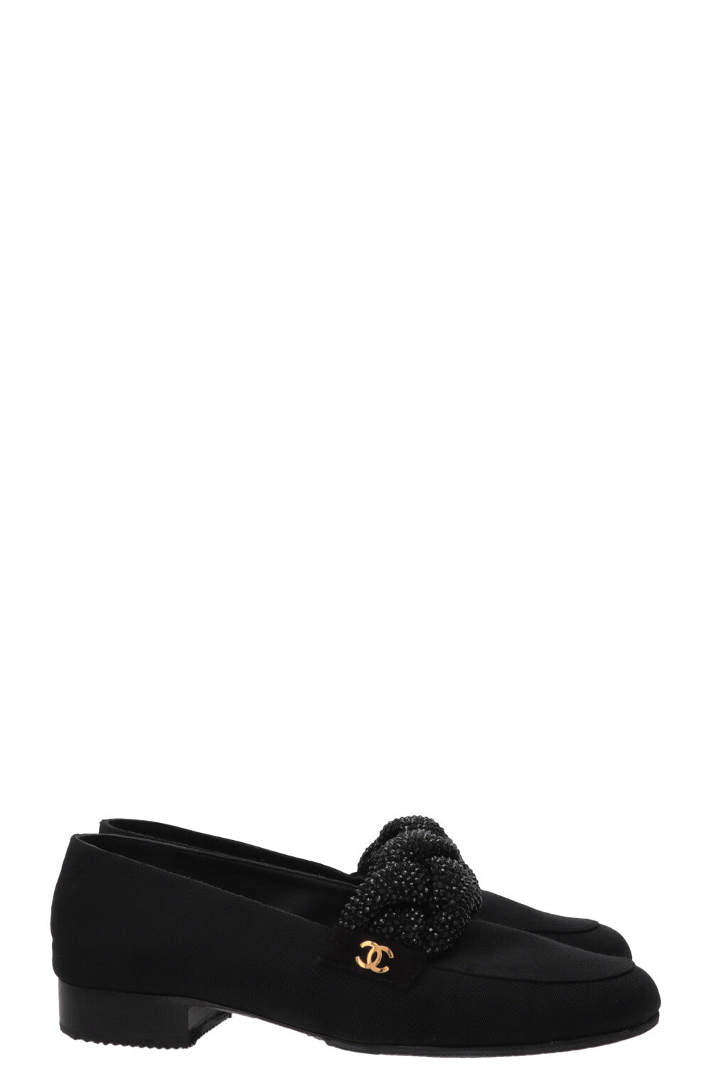 CHANEL Mocassins CC avec logo en cristal 2017 en gros-grain noir