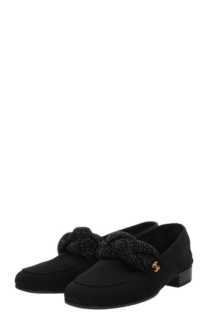 CHANEL Mocassins CC avec logo en cristal 2017 en gros-grain noir