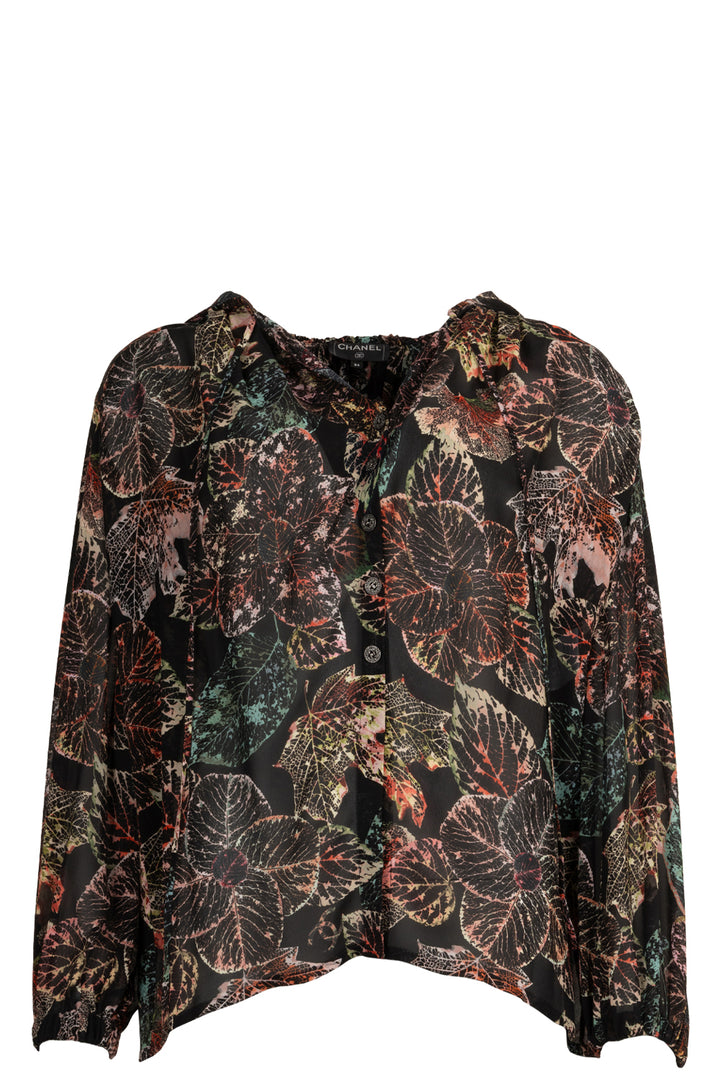 CHANEL 2018 Hooded Top Silk Leaves Black