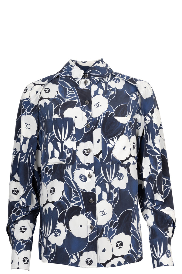 CHANEL 2022 Camellia Blouse Silk Blue