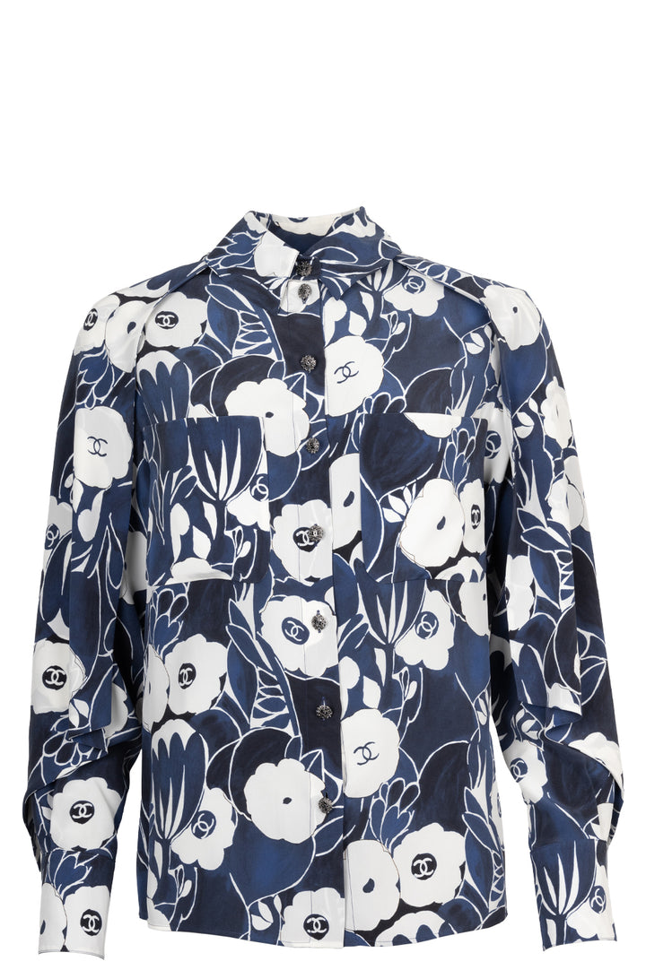 CHANEL 2022 Camellia Blouse Silk Blue