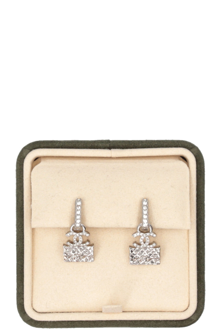 CHANEL 2023 CC Double Flap Earrings Rhinestone Silver