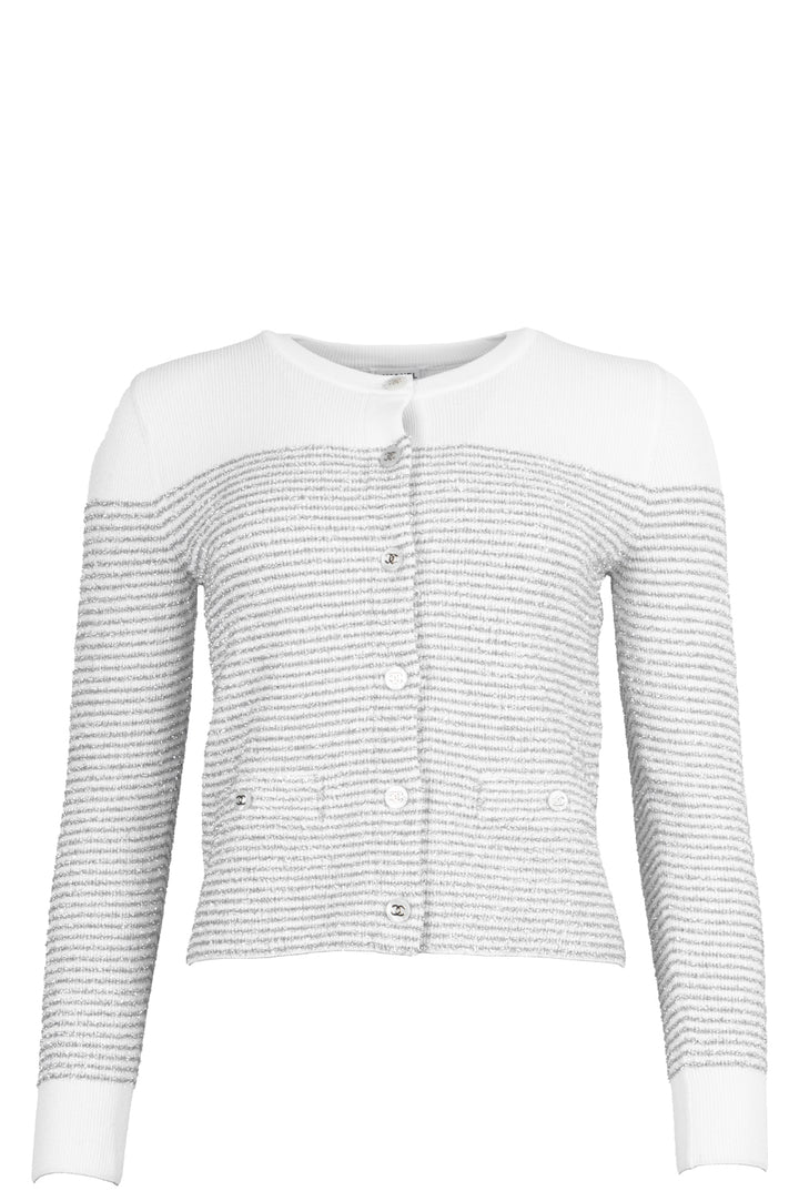 CHANEL 2024 Knit Jacket Striped Silver White