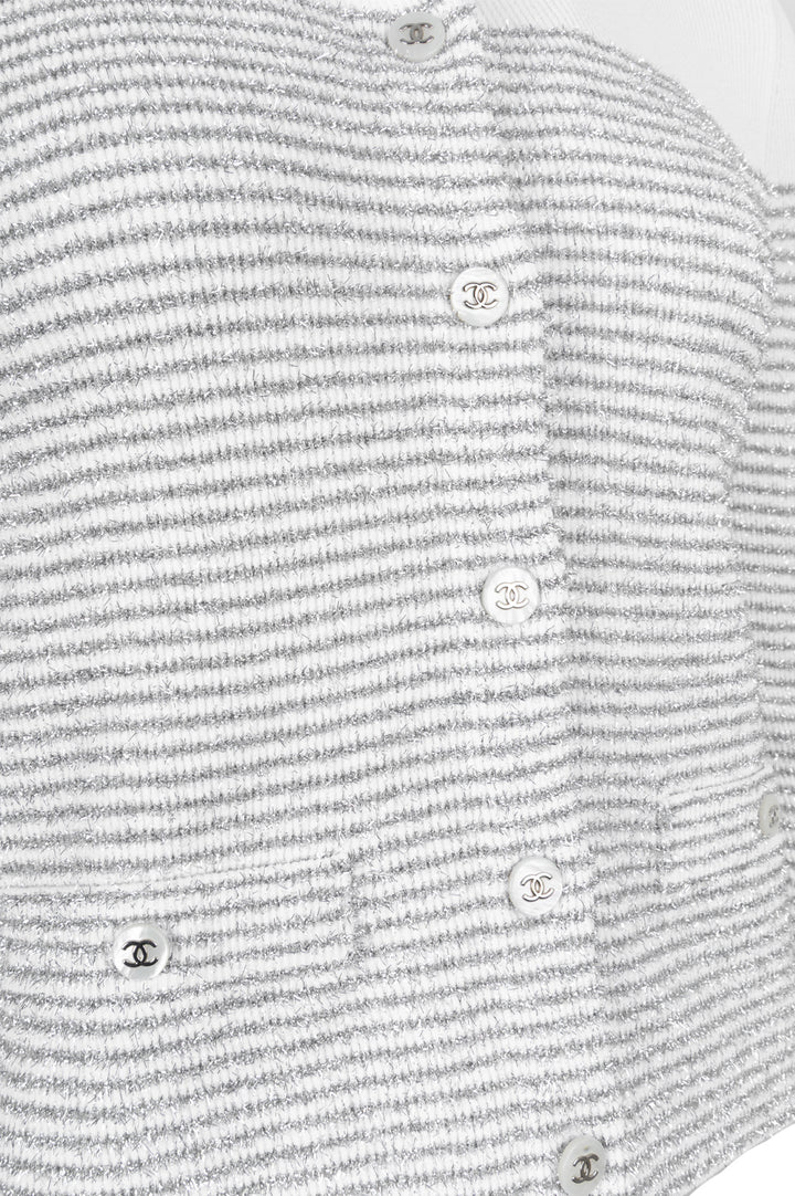 CHANEL 2024 Knit Jacket Striped Silver White