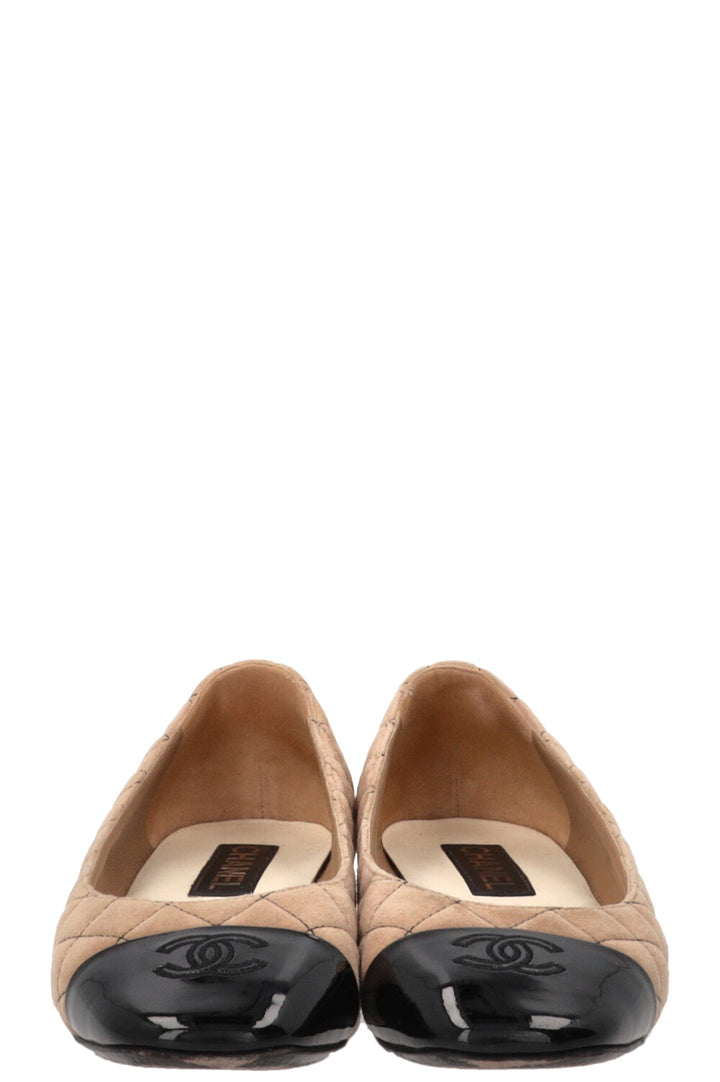 CHANEL 2025 Square Toe Quilted CC Ballet Flats Suede Beige