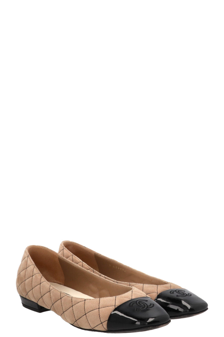 CHANEL 2025 Square Toe Quilted CC Ballet Flats Suede Beige