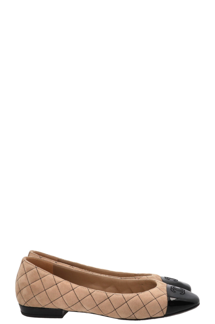 CHANEL 2025 Square Toe Quilted CC Ballet Flats Suede Beige