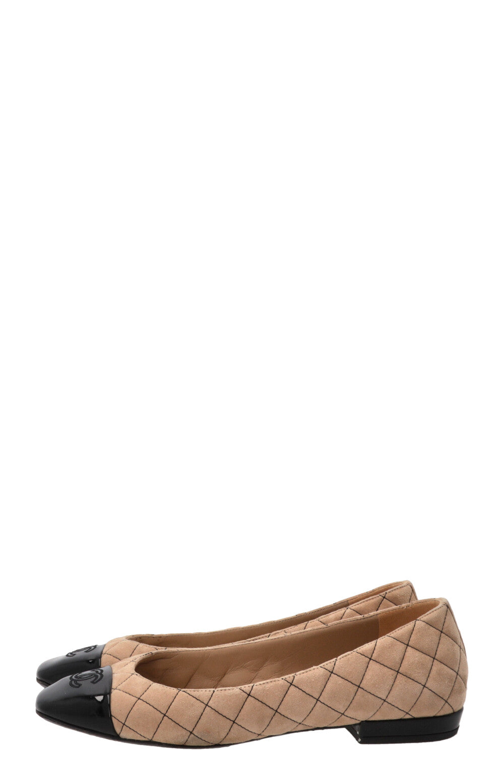 CHANEL 2025 Square Toe Quilted CC Ballet Flats Suede Beige