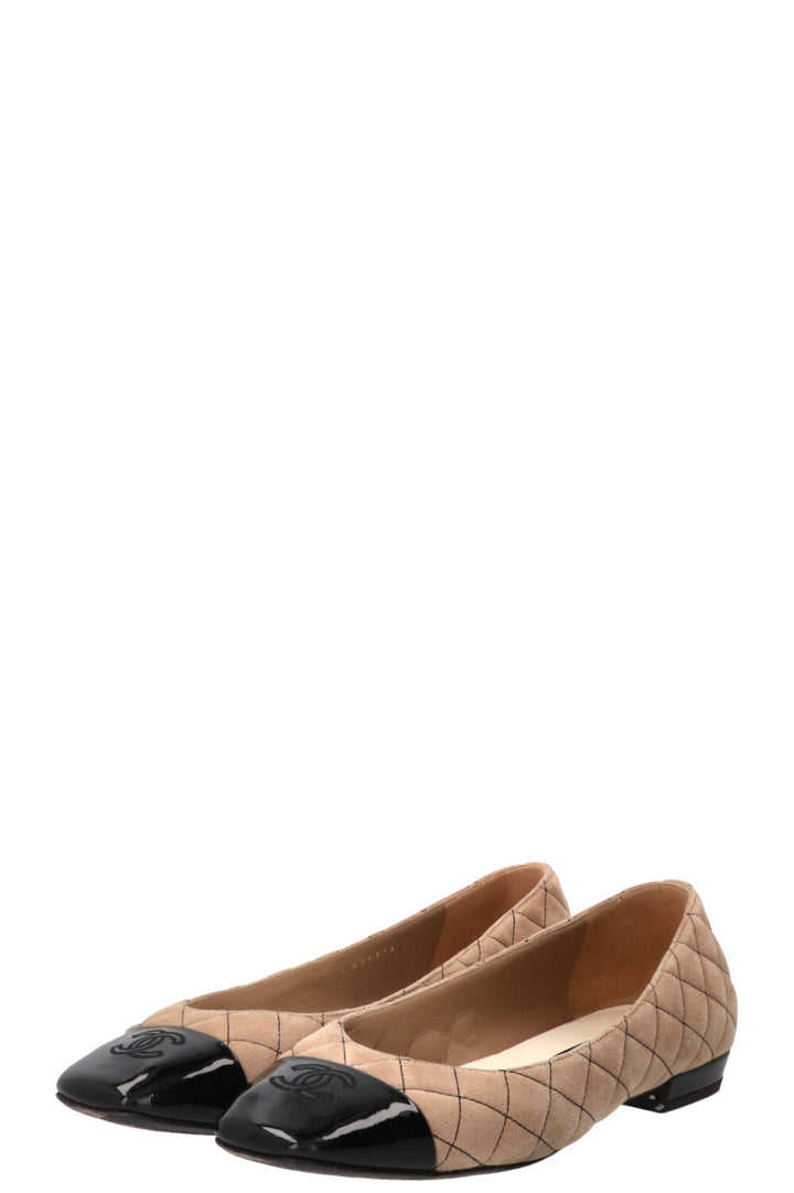 CHANEL 2025 Square Toe Quilted CC Ballet Flats Suede Beige