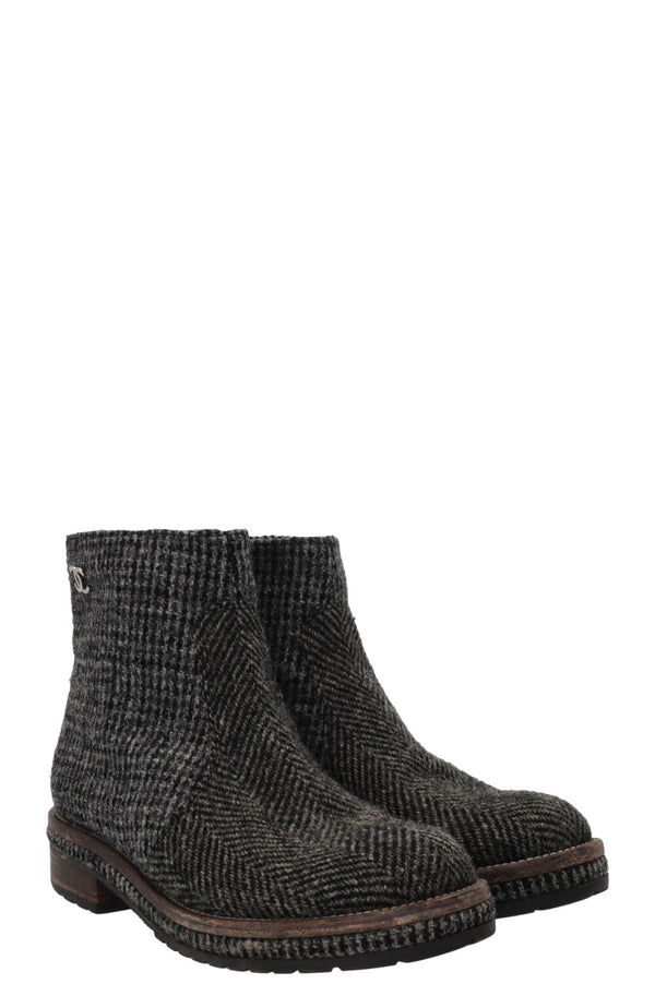 CHANEL Ankle Boots Tweed Grey Tweed Graphite