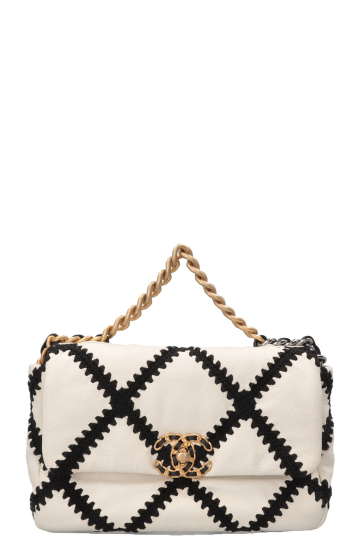 CHANEL Black Crochet Stitch 19 Bag Leather Black White