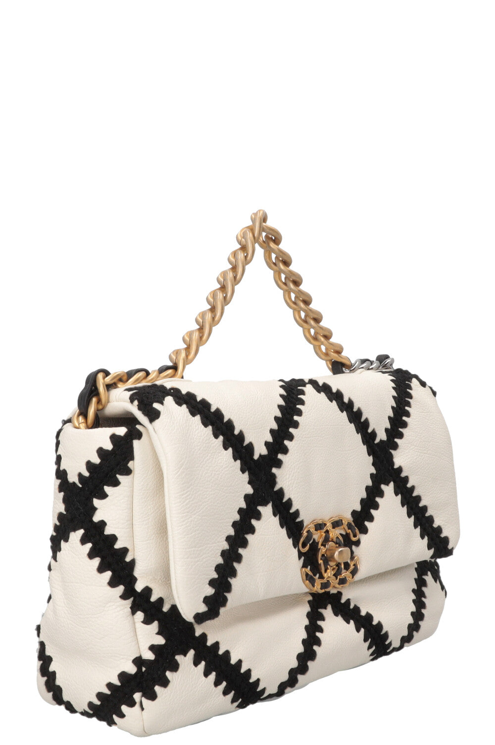 CHANEL Black Crochet Stitch 19 Bag Leather Black White