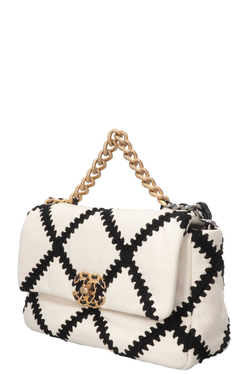 CHANEL Black Crochet Stitch 19 Bag Leather Black White