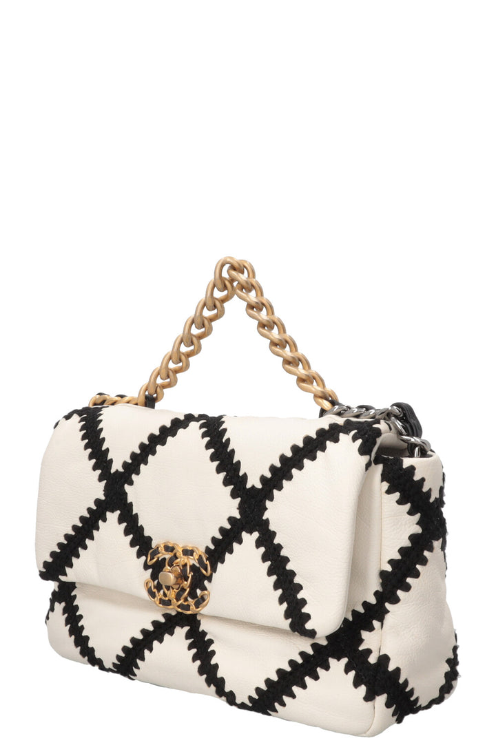 CHANEL Black Crochet Stitch 19 Bag Leather Black White