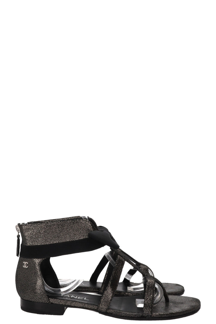 CHANEL Bow Detail Sandals Black Grey