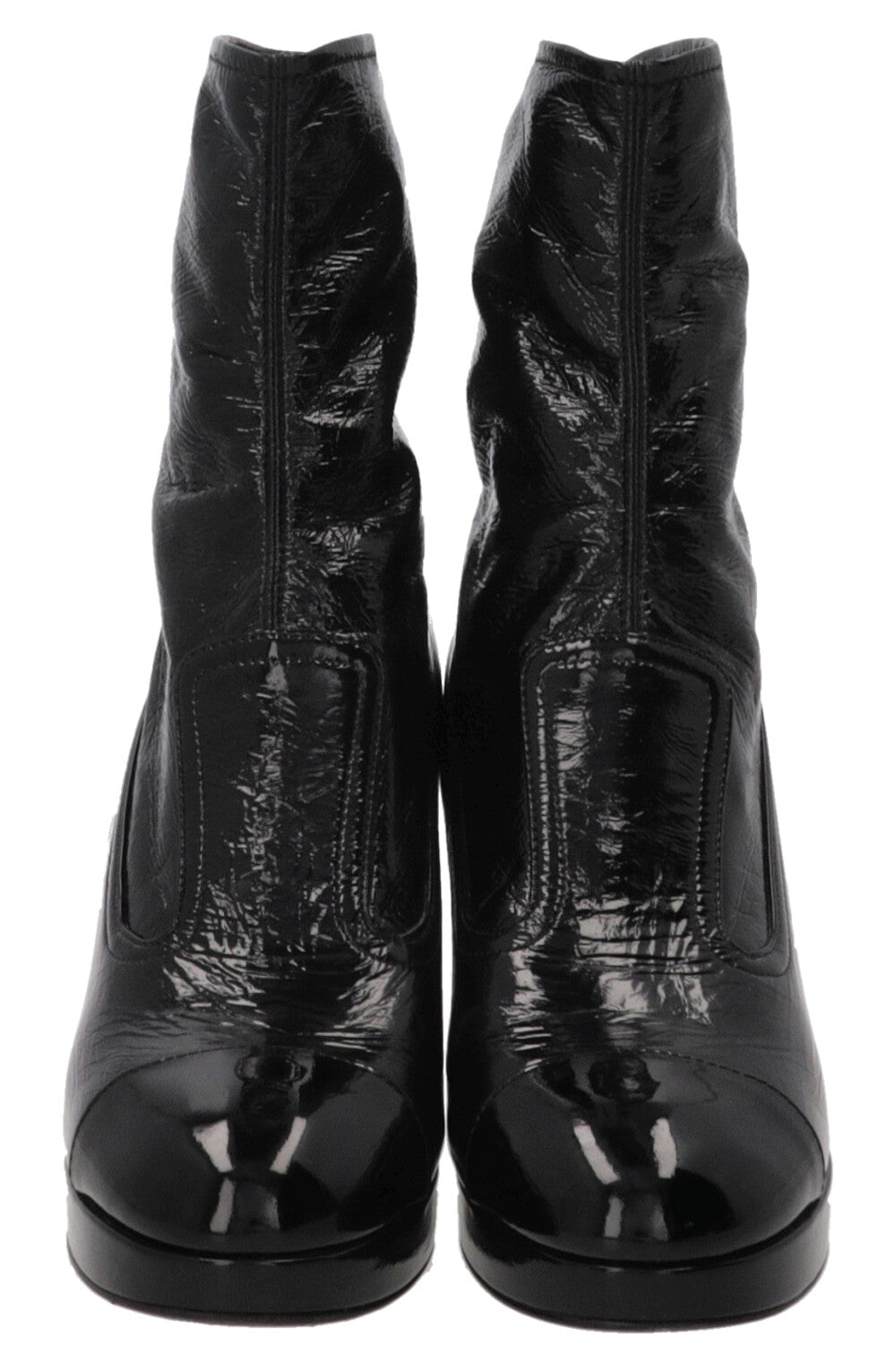 Bottes à talons bloc CHANEL CC en cuir verni noir