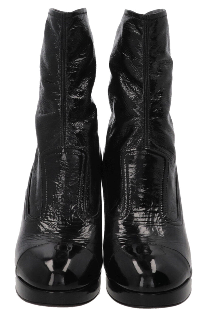 Bottes à talons bloc CHANEL CC en cuir verni noir