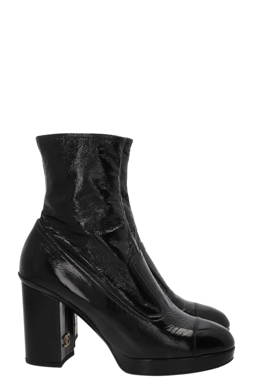 Bottes à talons bloc CHANEL CC en cuir verni noir