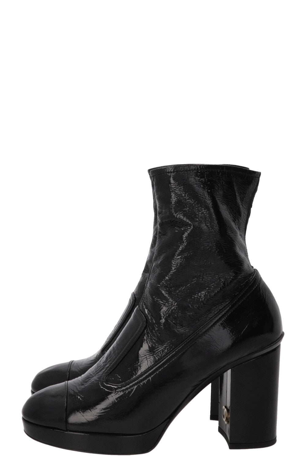 Bottes à talons bloc CHANEL CC en cuir verni noir
