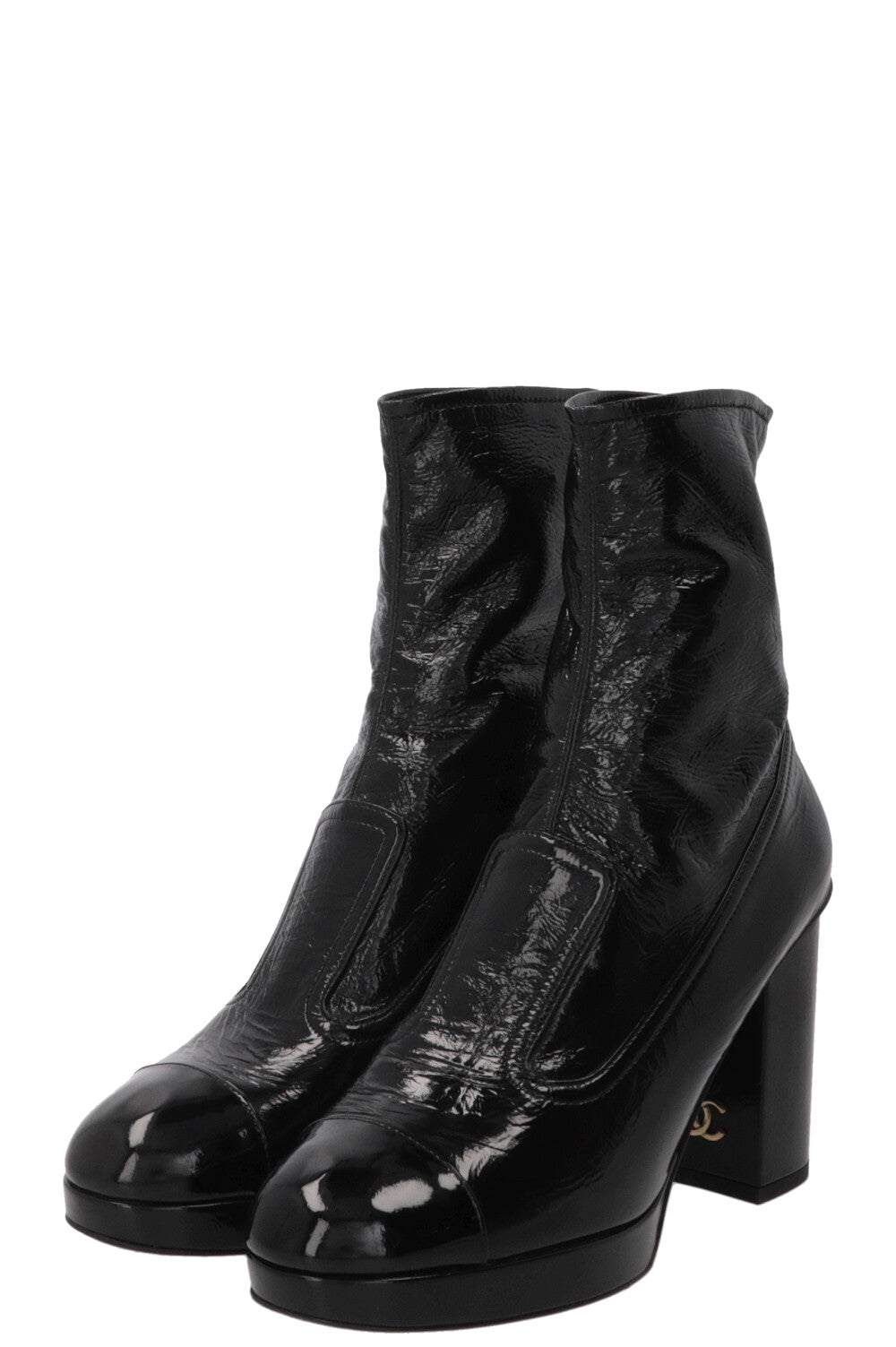 Bottes à talons bloc CHANEL CC en cuir verni noir