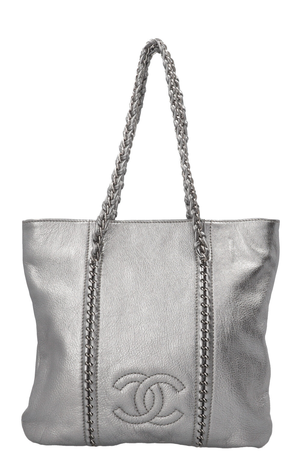CHANEL CC Chain Tote Bag Leather Metallic Silver