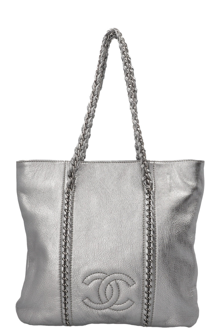 CHANEL CC Chain Tote Bag Leather Metallic Silver
