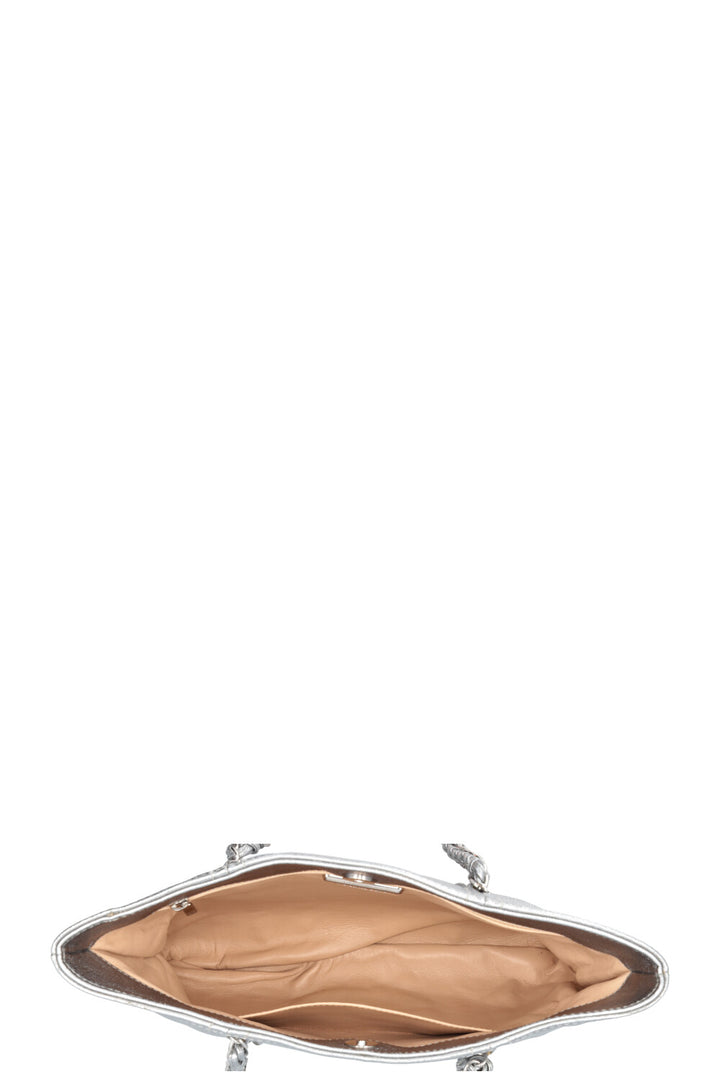CHANEL CC Chain Tote Bag Leather Metallic Silver