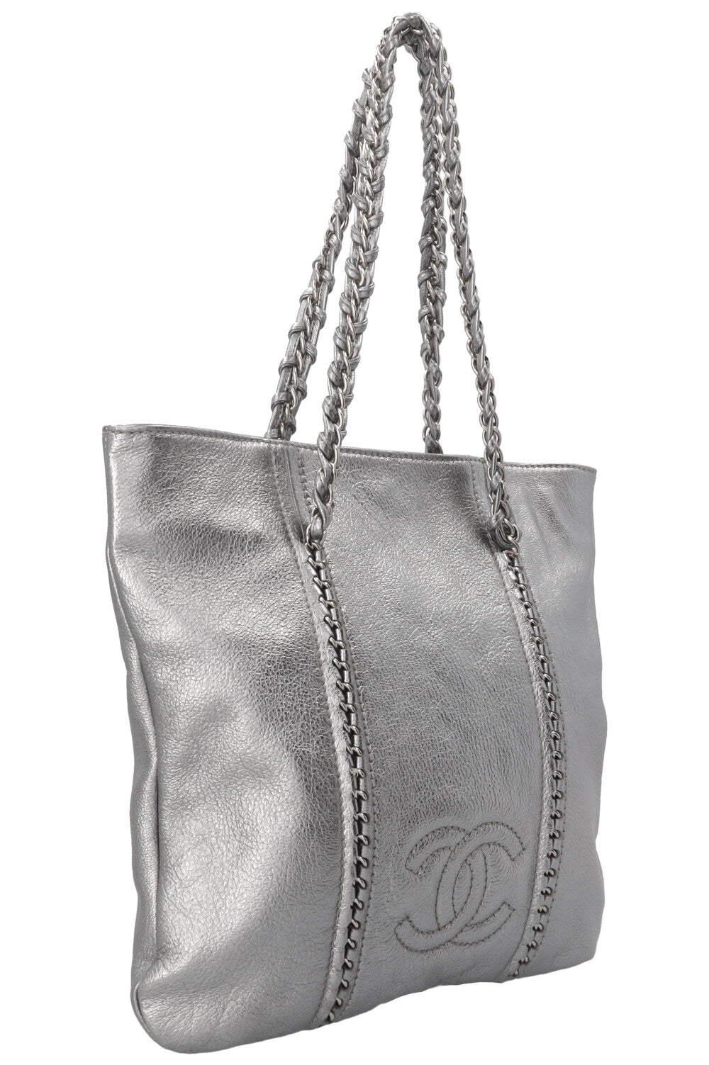 CHANEL CC Chain Tote Bag Leather Metallic Silver