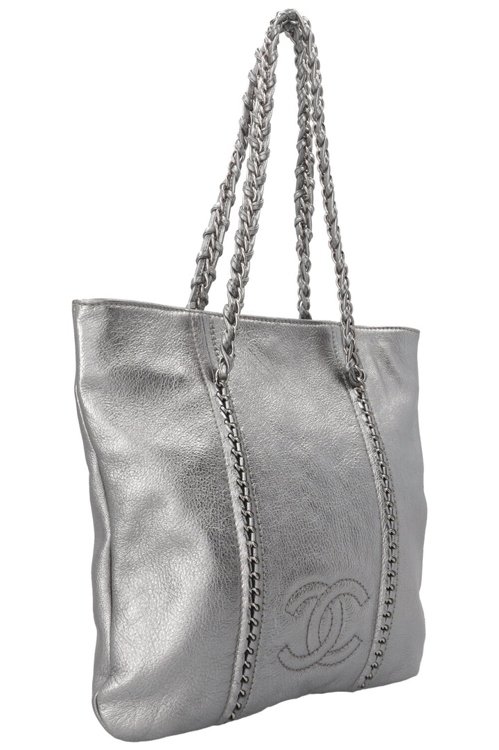 CHANEL CC Chain Tote Bag Leather Metallic Silver