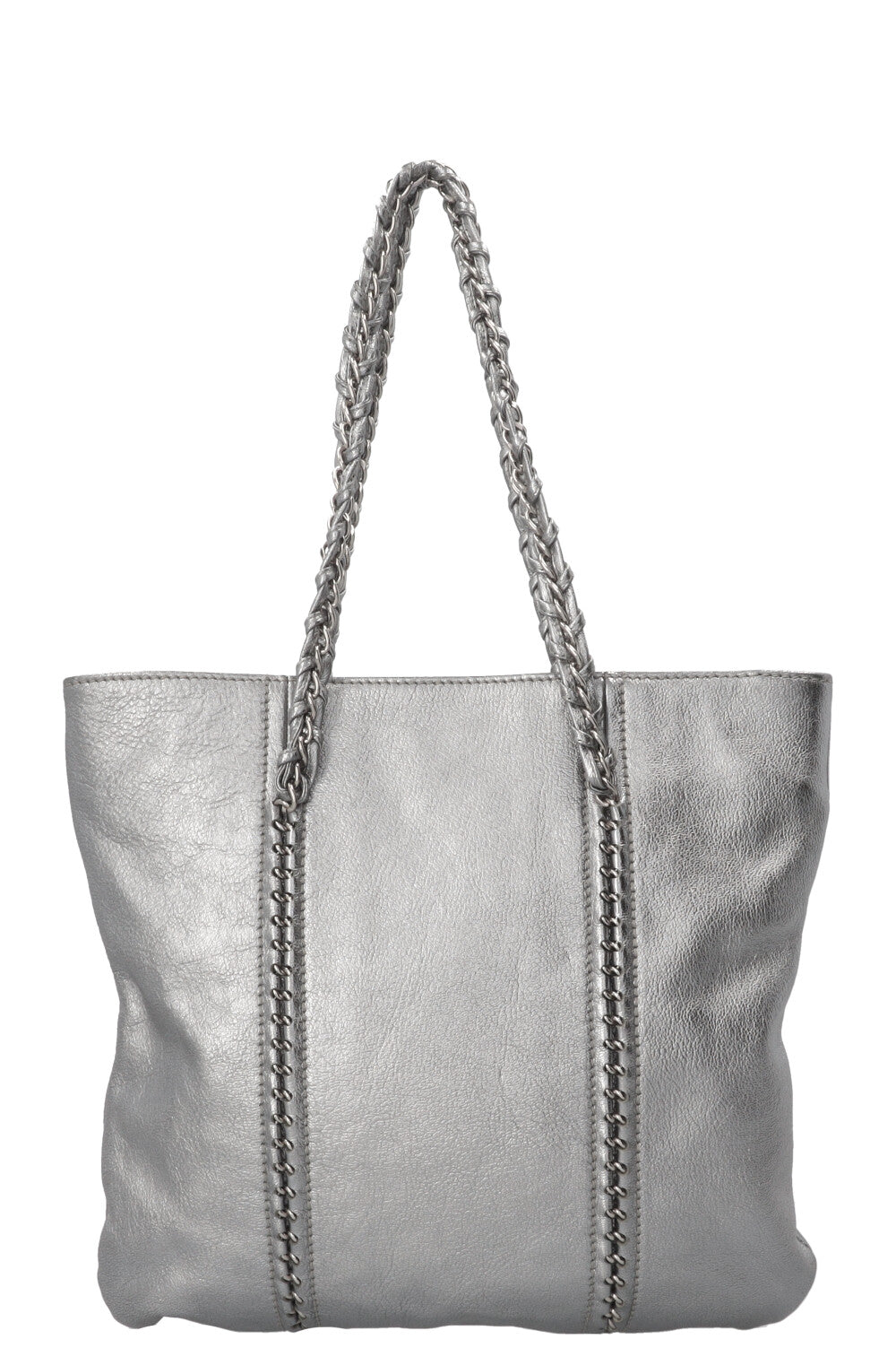 CHANEL CC Chain Tote Bag Leather Metallic Silver