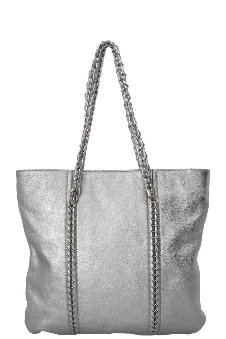 CHANEL CC Chain Tote Bag Leather Metallic Silver