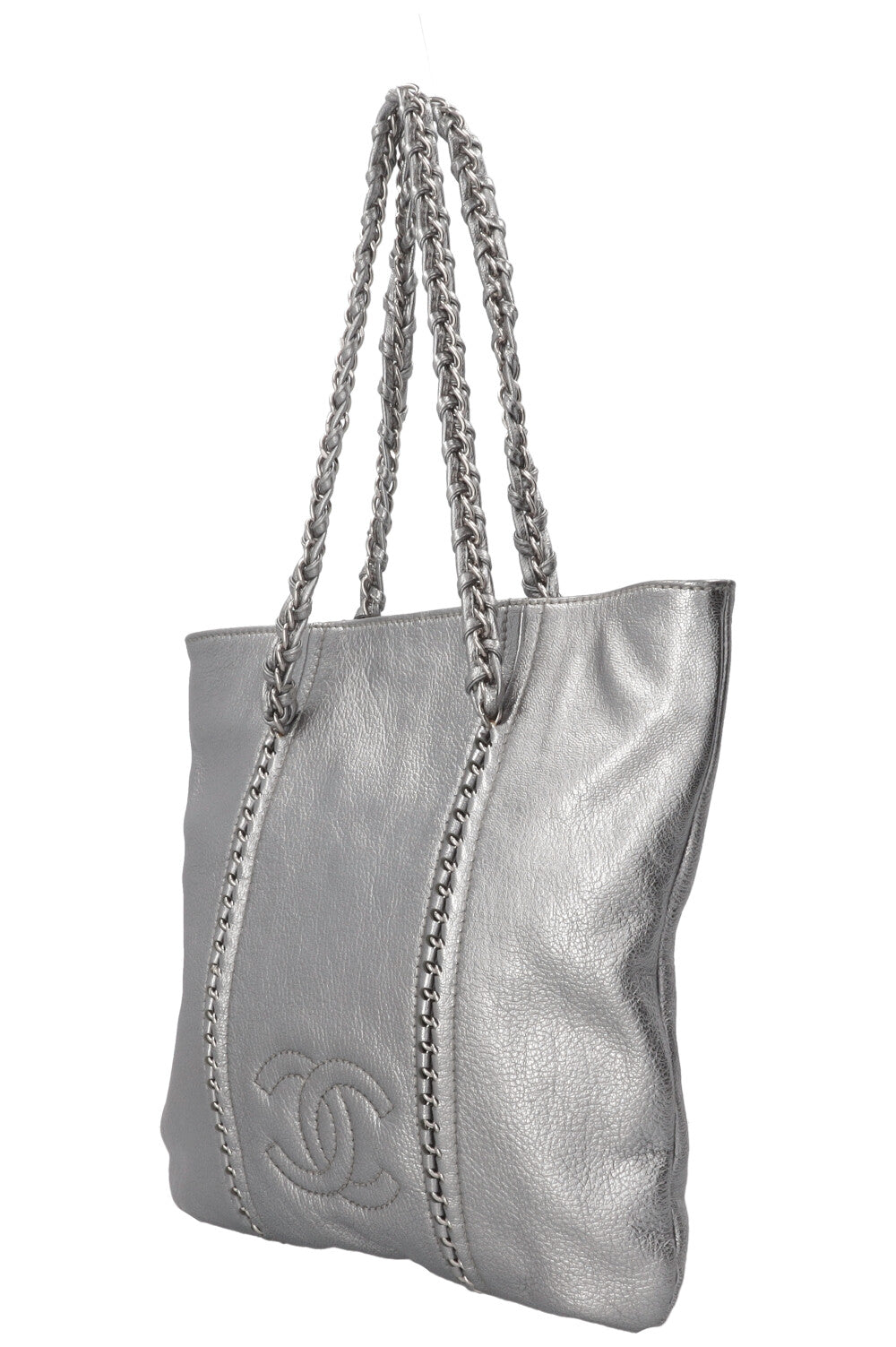 CHANEL CC Chain Tote Bag Leather Metallic Silver