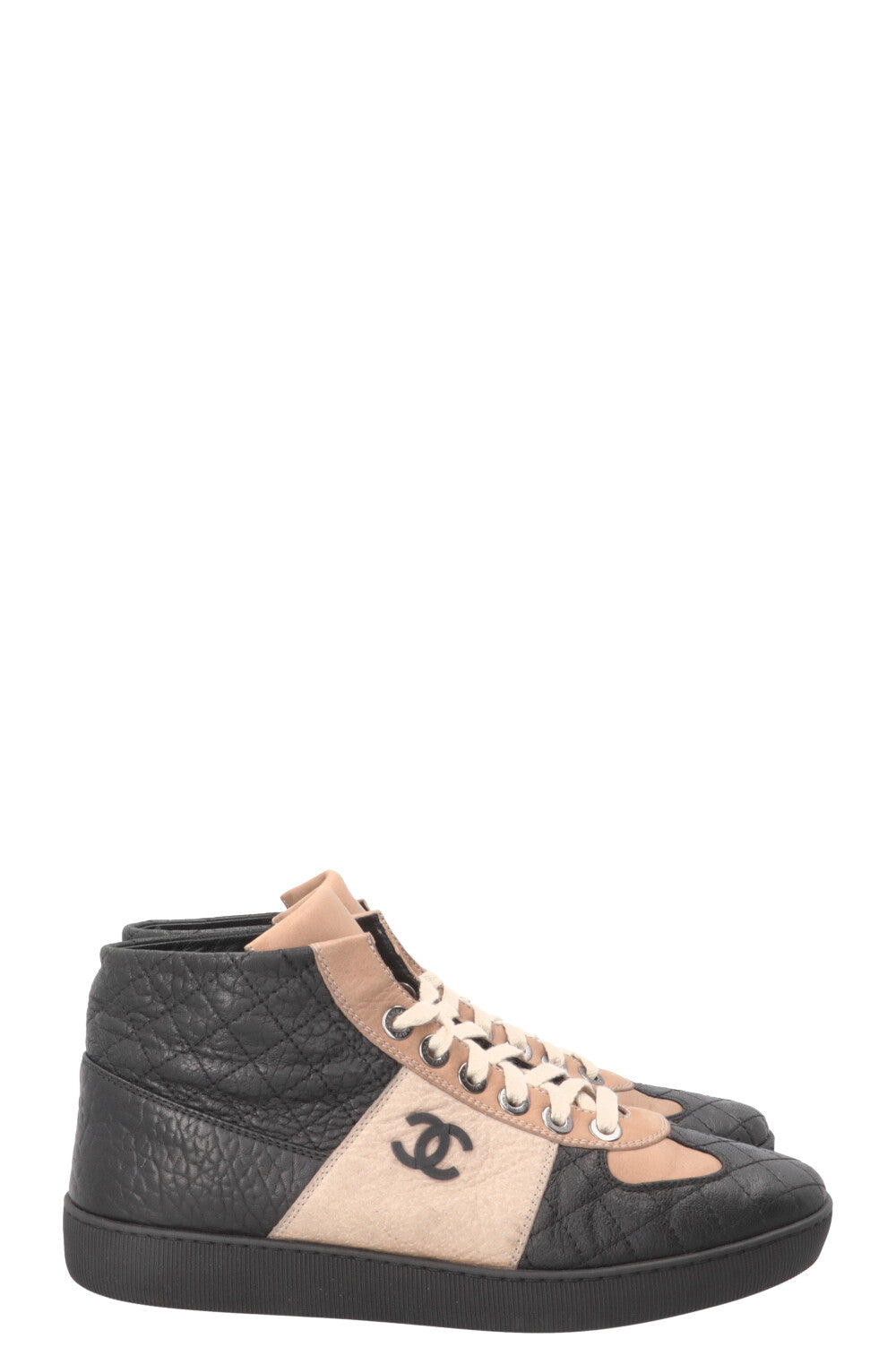 CHANEL CC High Top Sneakers Nubuck Beige Black