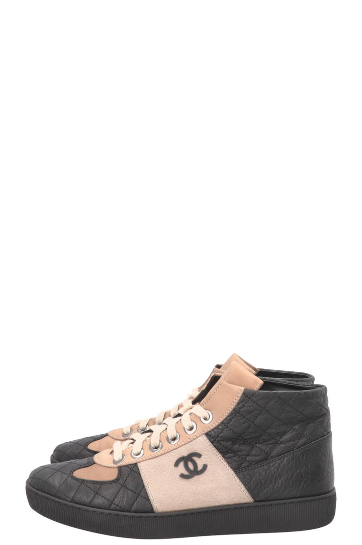 CHANEL CC High Top Sneakers Nubuck Beige Black