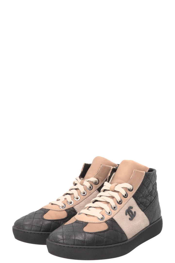 CHANEL CC High Top Sneakers Nubuck Beige Black