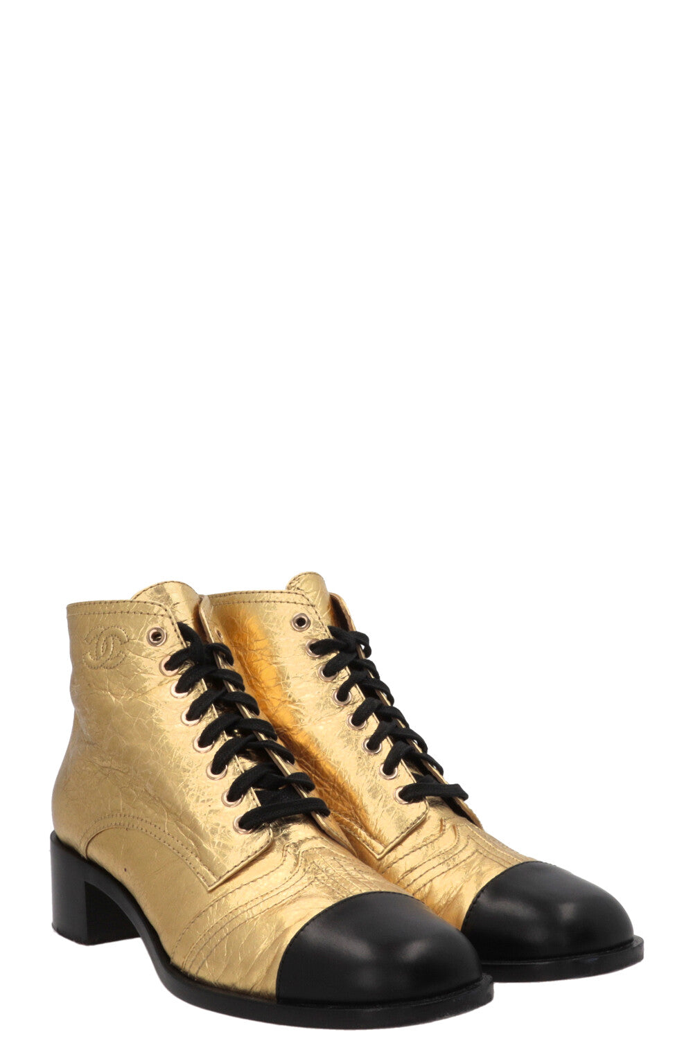 CHANEL CC Bottines à lacets en cuir doré et noir, veau doré