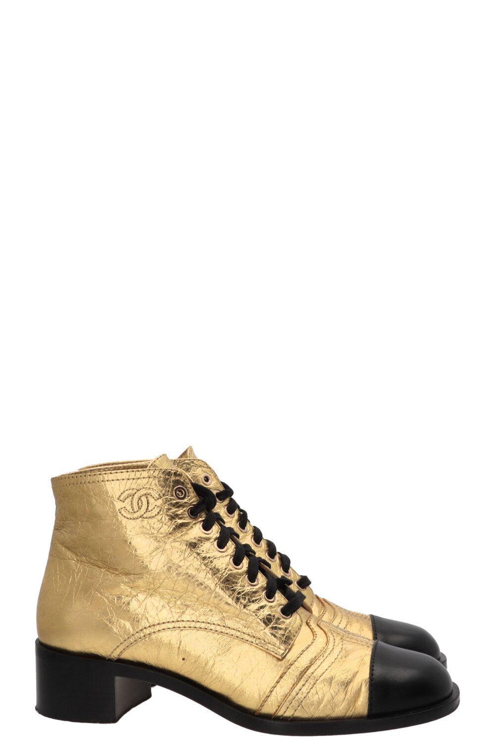 CHANEL CC Bottines à lacets en cuir doré et noir, veau doré
