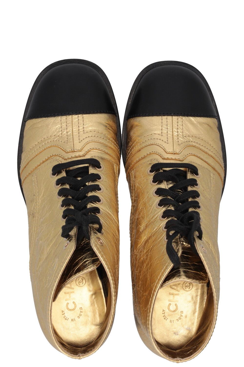CHANEL CC Bottines à lacets en cuir doré et noir, veau doré