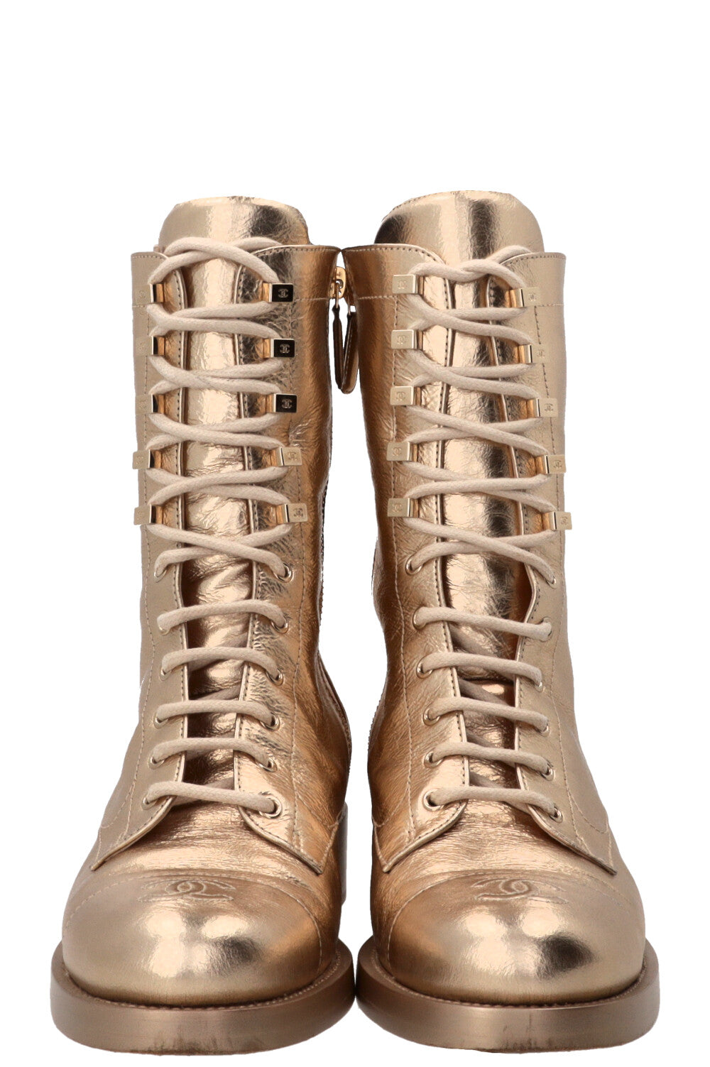 CHANEL CC Lace Up High Ankle Boots Leather Gold Calfskin Gold
